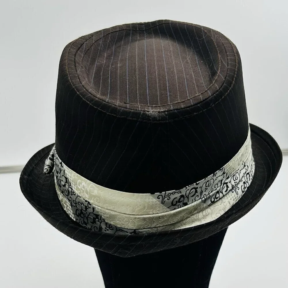 Goorin Bros Fedora Hat Cap Mens Sz M Brown Pinstripe w Satin Band Wool Blend